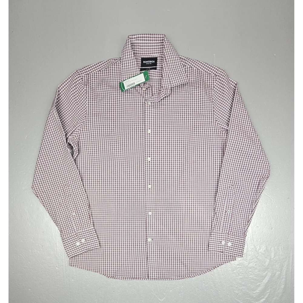 Bonobos Button Down Shirt Mens Large Maroon Slim Fit Check Long Sleeve NWT‎